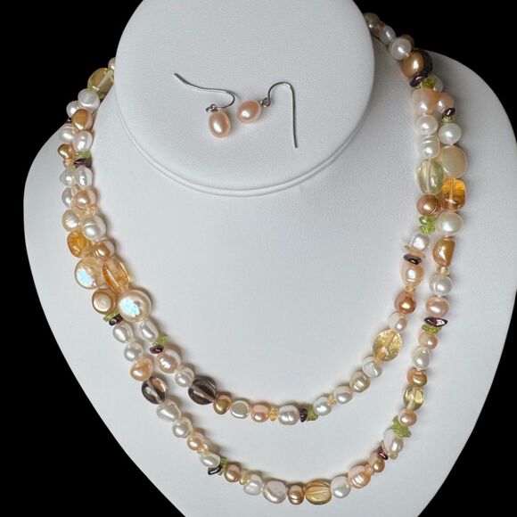 Honora 40" Freshwater Pearl & Gemstone Necklace w/ Earrings Citrine Smoky Quartz - Picture 8 of 16